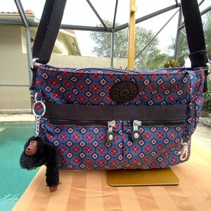 NWOT  Kipling Geometric Print Crossbody Bag (Red/Blue + Gorilla Charm)